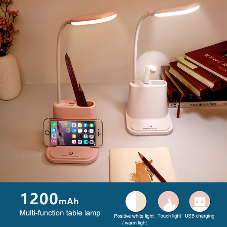 Multi-function Touch Switch USB Charging LED Desk Lamp with Phone Holder & Pen Holder, White Light & Warm White Two Modes LED Night Light, Support USB Output