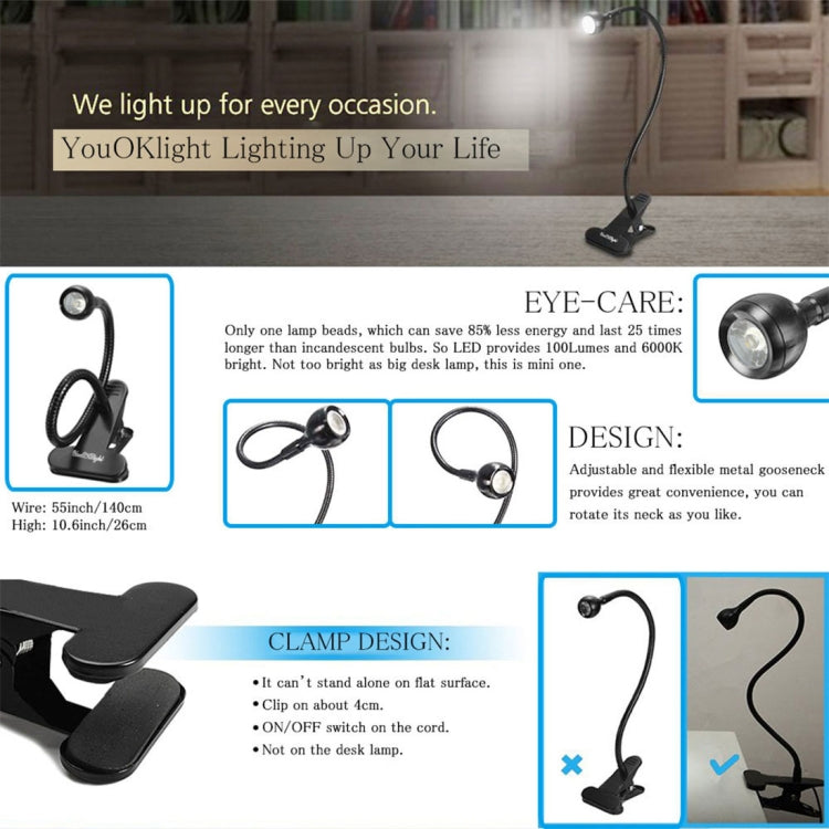 YouOKLight YK2309 1W White Light LED Desk Lamp , 1 LED 6000K Flexible Goose Neck Eye Protection Light with Clip, AC 85-265V