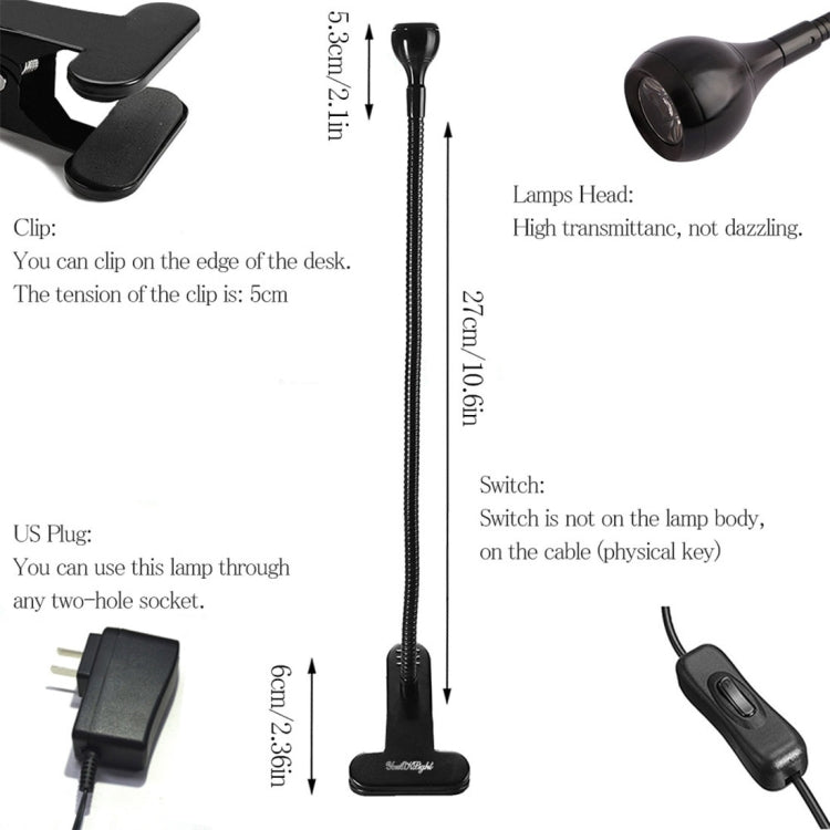 YouOKLight YK2309 1W White Light LED Desk Lamp , 1 LED 6000K Flexible Goose Neck Eye Protection Light with Clip, AC 85-265V