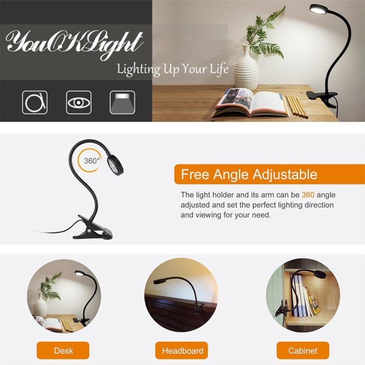 YouOKLight YK2310 3W White Light LED Desk Lamp , 3 LEDs 6000K Flexible Goose Neck Eye Protection Light with Clip, AC 85-265V