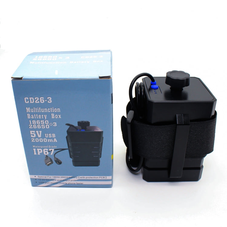 3 Sections 18650/26650 IPX7 Waterproof Battery Box with 12v Round Head & 5v USB Connector Output Voltage Does Not Include Battery(Black)