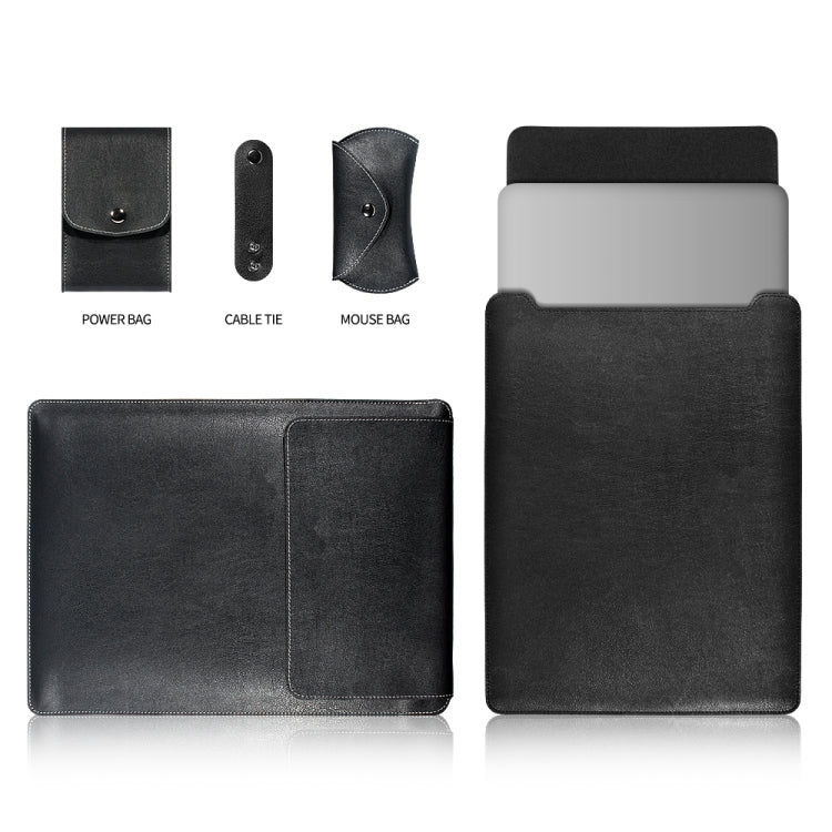 4 in 1 Laptop PU Leather Bag + Power Bag + Cable Tie + Mouse Bag for MacBook 15 inch