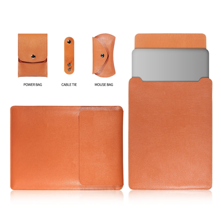 4 in 1 Laptop PU Leather Bag + Power Bag + Cable Tie + Mouse Bag for MacBook 15 inch