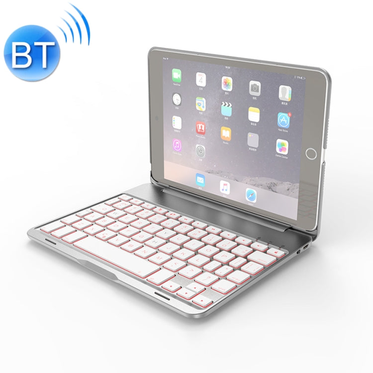 F8SM For iPad mini 3 / 2 / 1 Laptop Version Colorful Backlit Aluminum Alloy Bluetooth Keyboard Tablet Case (Silver)