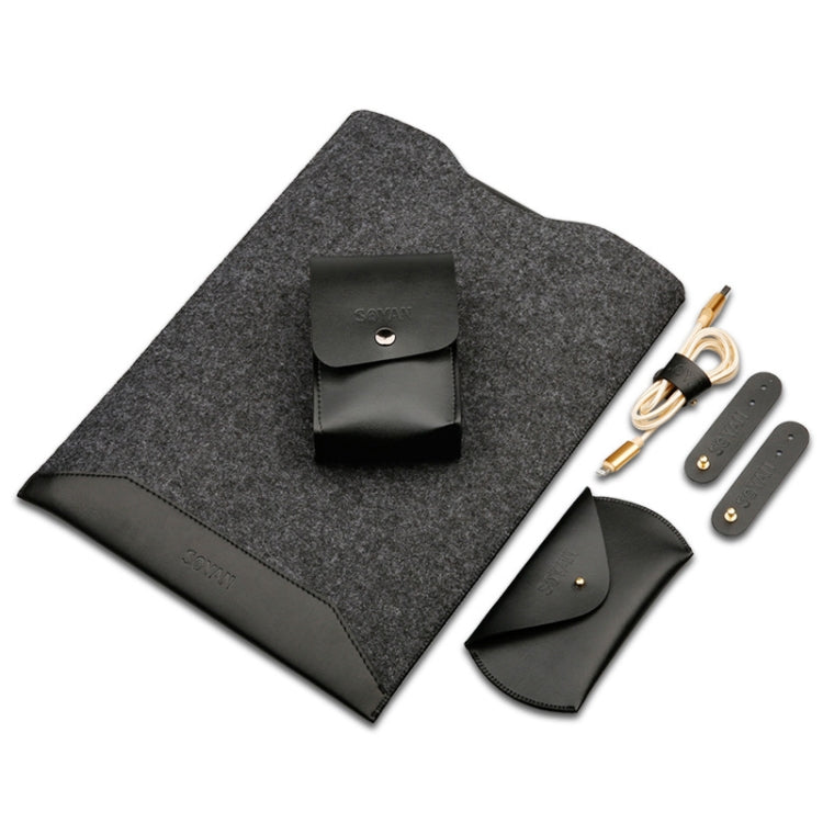 4 in 1 Laptop Crazy Horse Texture Fur Felt Inner Bag + Power Bag + Mouse Storage Bag + 3 Earphone Cable Winders for MacBook 13.3 inch
