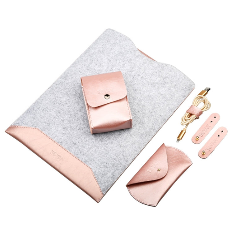 4 in 1 Laptop Crazy Horse Texture Fur Felt Inner Bag + Power Bag + Mouse Storage Bag + 3 Earphone Cable Winders for MacBook 15.4 inch