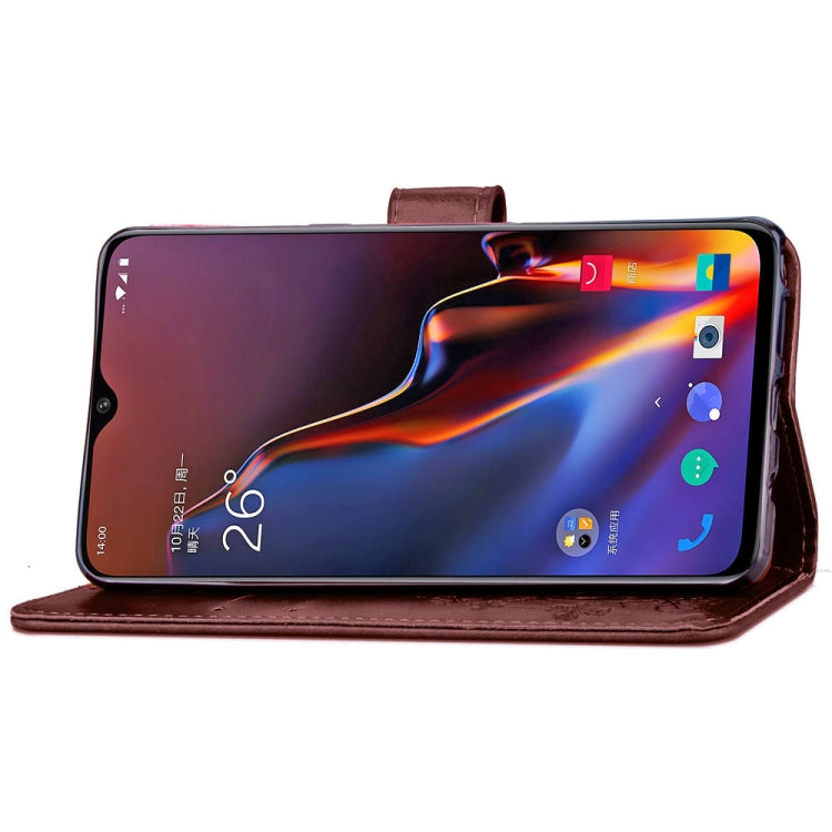 Lucky Clover Pressed Flowers Pattern Leather Case for OnePlus 6T, with Holder & Card Slots & Wallet & Hand Strap