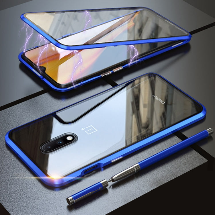 Ultra Slim Double Sides Magnetic Adsorption Angular Frame Tempered Glass Magnet Flip Case for OnePlus 7
