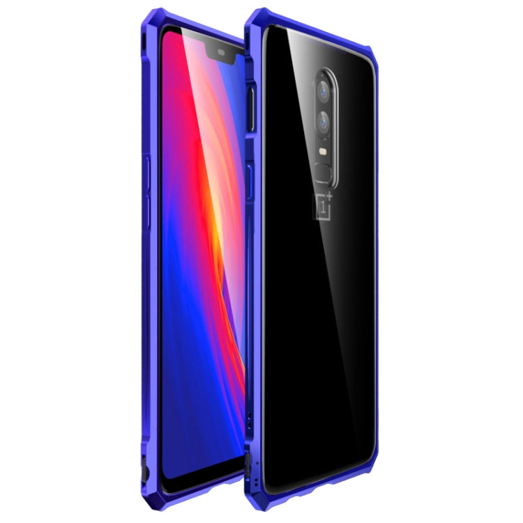 Snap-on Aluminum Frame and Tempered Glass Back Plate Case for One Plus 6(Purple Blue)