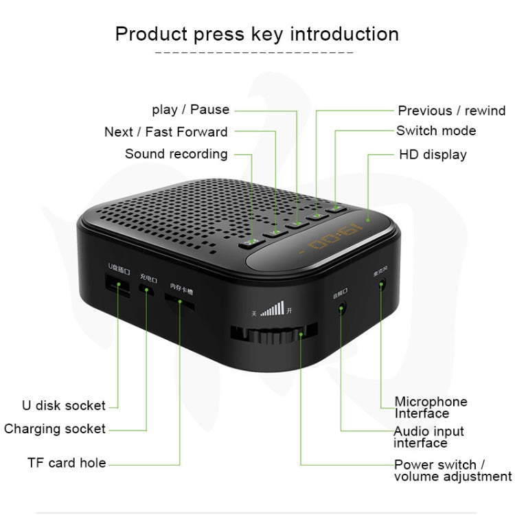 ASiNG S1019 10W Multi-function Portable Little Bee Voice Amplifier Speaker with Wired Microphone & 2 inch Display Screen for Teacher / Tourist Guide, Support TF Card & U Disk & Audio Input Function
