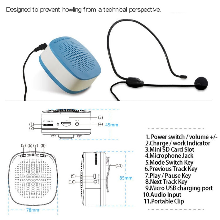 ASiNG S1015 5W Multi-function Portable Little Bee Voice Amplifier Speaker with Wired Microphone for Teacher / Tourist Guide, Support TF Card & Audio Input Function(Black)