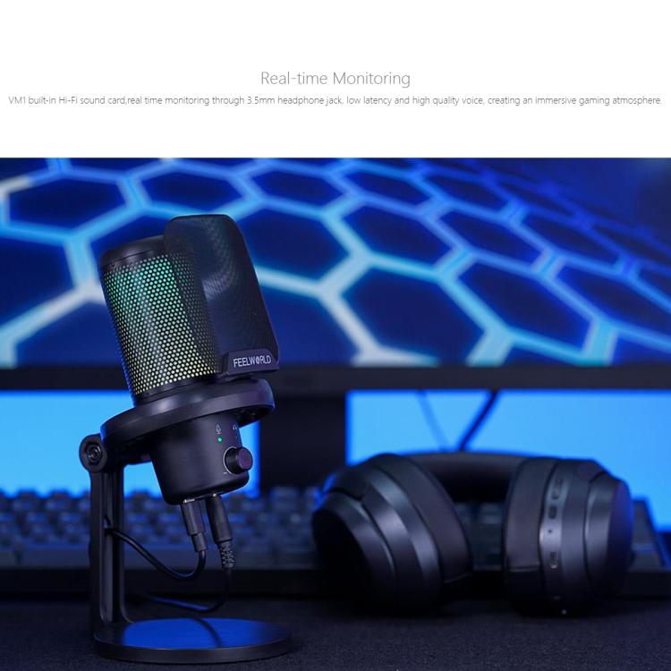 FEELWORLD VM1-XS USB Condenser Gaming Microphone for Streaming Noise Cancellation Mute RGB Light Desktop Stand