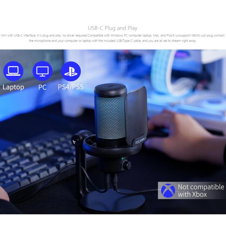 FEELWORLD VM1-XS USB Condenser Gaming Microphone for Streaming Noise Cancellation Mute RGB Light Desktop Stand