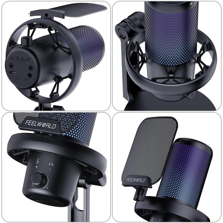 FEELWORLD VM1-XS USB Condenser Gaming Microphone for Streaming Noise Cancellation Mute RGB Light Desktop Stand