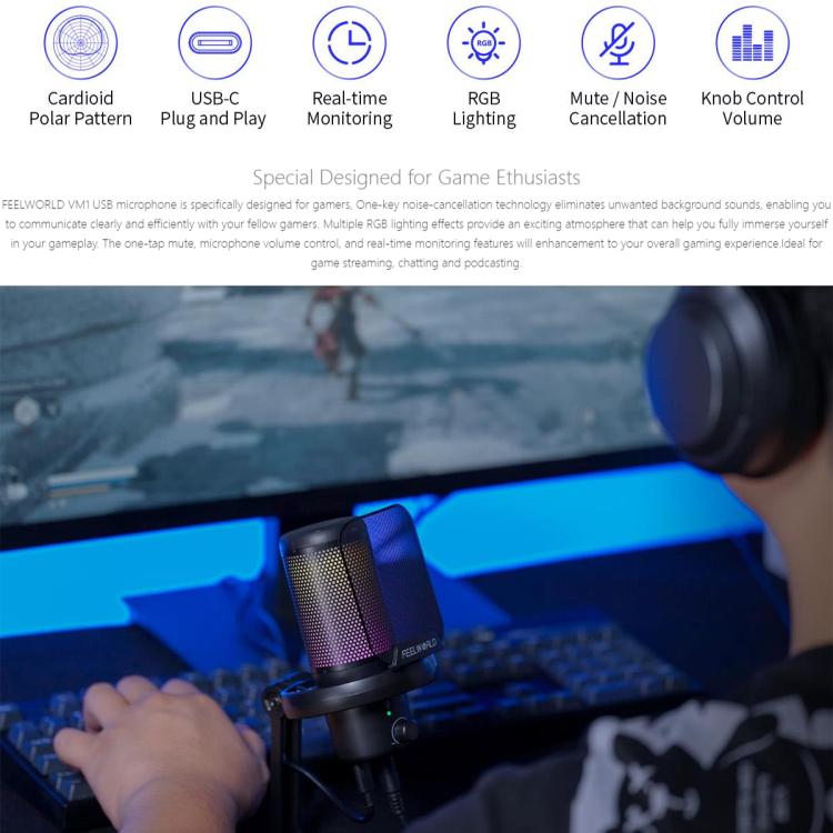 FEELWORLD VM1-XS USB Condenser Gaming Microphone for Streaming Noise Cancellation Mute RGB Light Desktop Stand