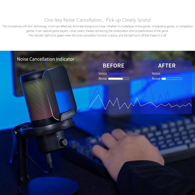 FEELWORLD VM1-XS USB Condenser Gaming Microphone for Streaming Noise Cancellation Mute RGB Light Desktop Stand