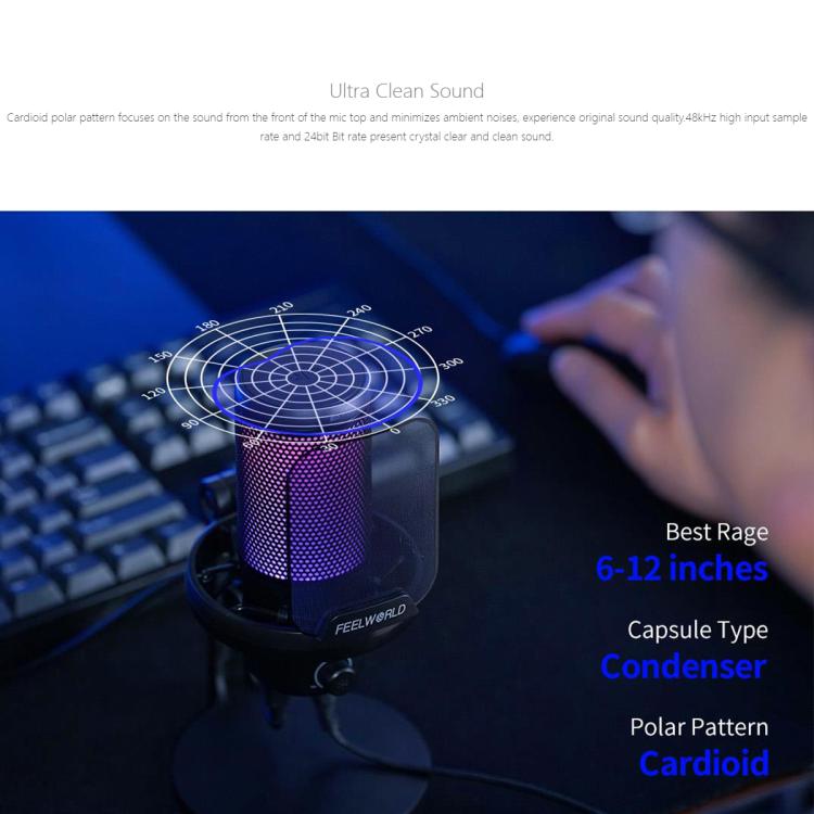 FEELWORLD VM1-XS USB Condenser Gaming Microphone for Streaming Noise Cancellation Mute RGB Light Desktop Stand