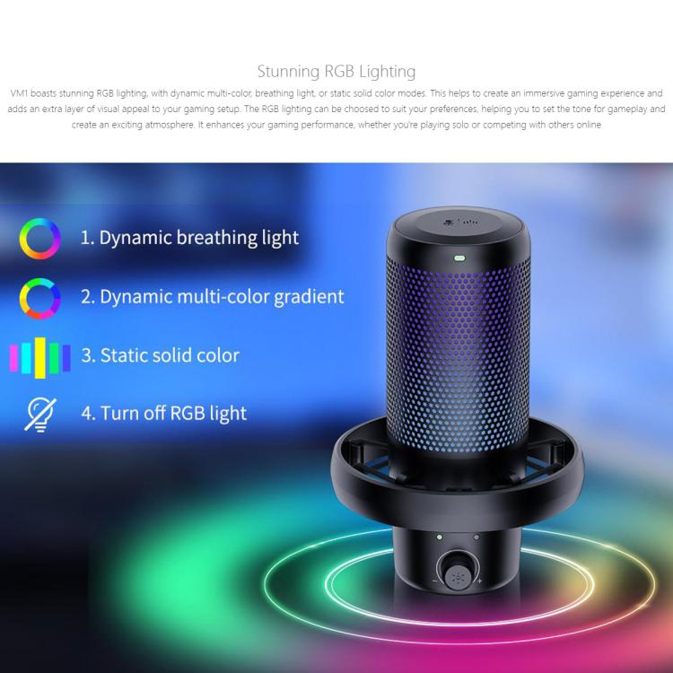FEELWORLD VM1-XS USB Condenser Gaming Microphone for Streaming Noise Cancellation Mute RGB Light Desktop Stand