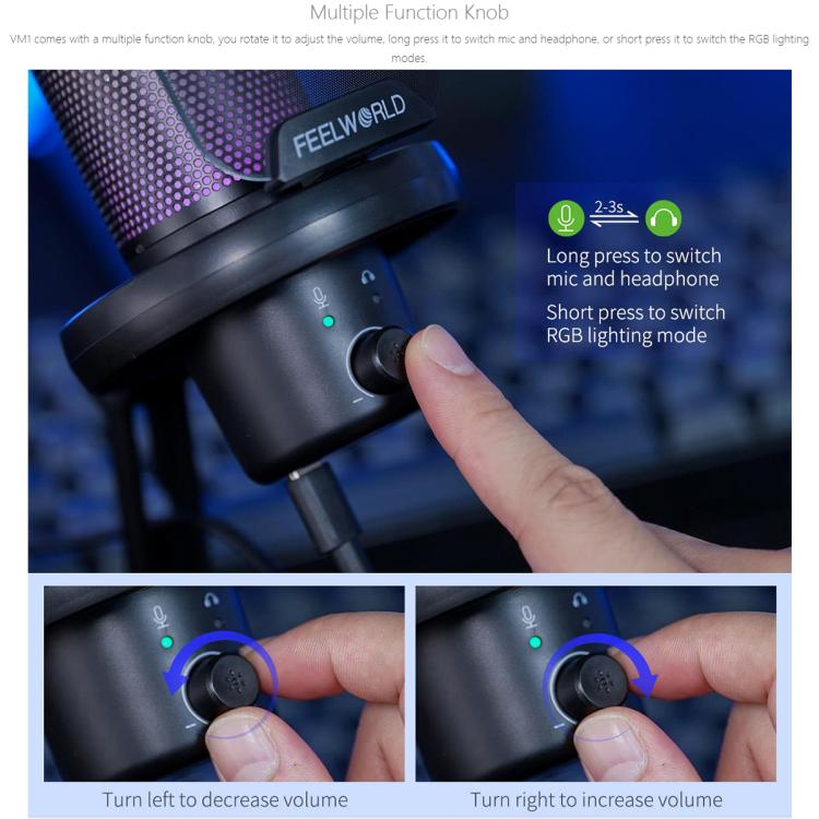 FEELWORLD VM1-XS USB Condenser Gaming Microphone for Streaming Noise Cancellation Mute RGB Light Desktop Stand