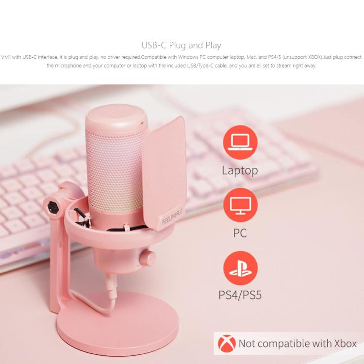 FEELWORLD VM1-XS USB Condenser Gaming Microphone for Streaming Noise Cancellation Mute RGB Light Desktop Stand