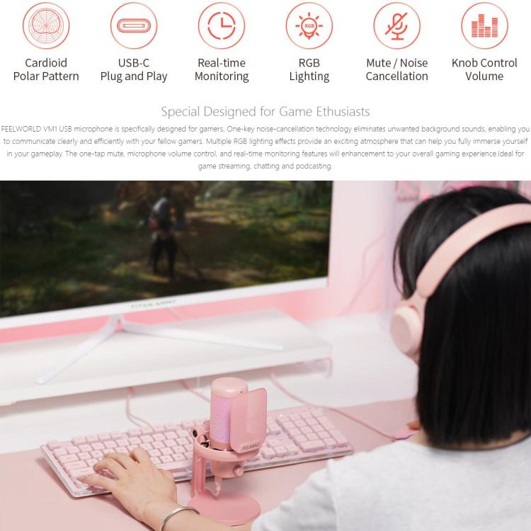 FEELWORLD VM1-XS USB Condenser Gaming Microphone for Streaming Noise Cancellation Mute RGB Light Desktop Stand