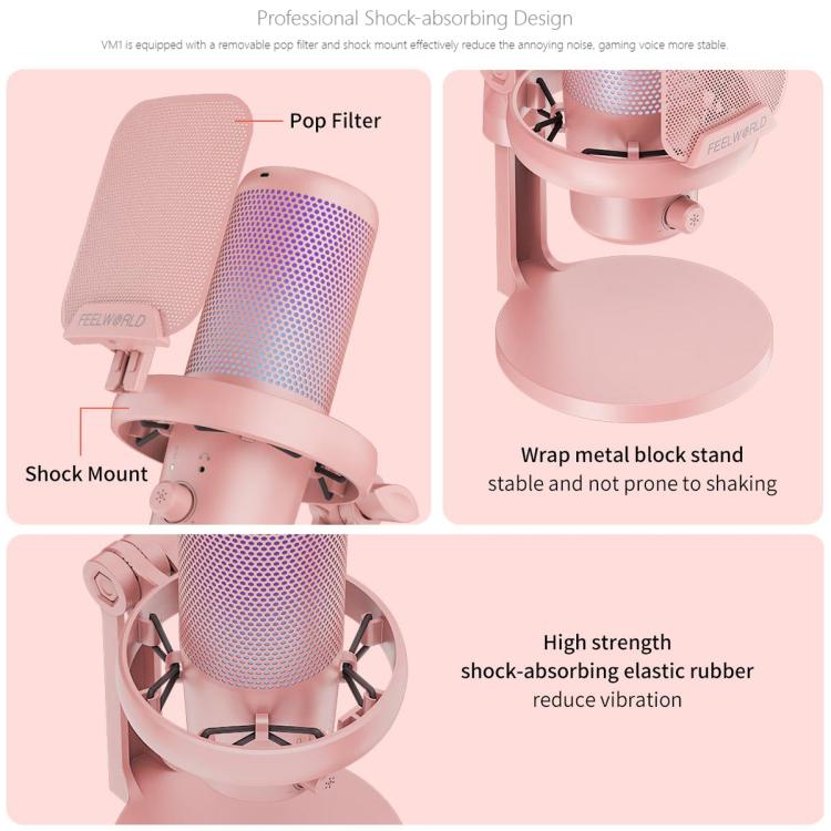 FEELWORLD VM1-XS USB Condenser Gaming Microphone for Streaming Noise Cancellation Mute RGB Light Desktop Stand
