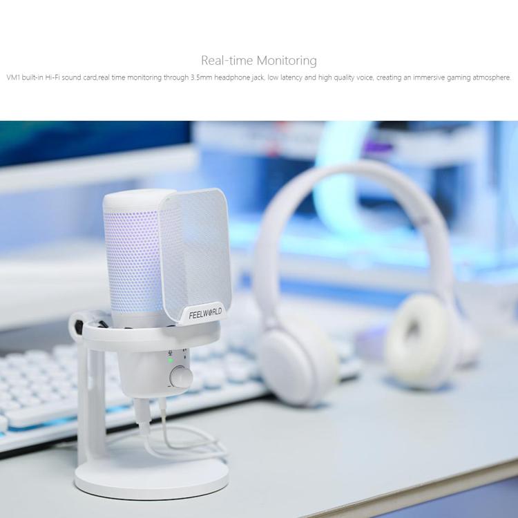 FEELWORLD VM1-XS USB Condenser Gaming Microphone for Streaming Noise Cancellation Mute RGB Light Desktop Stand