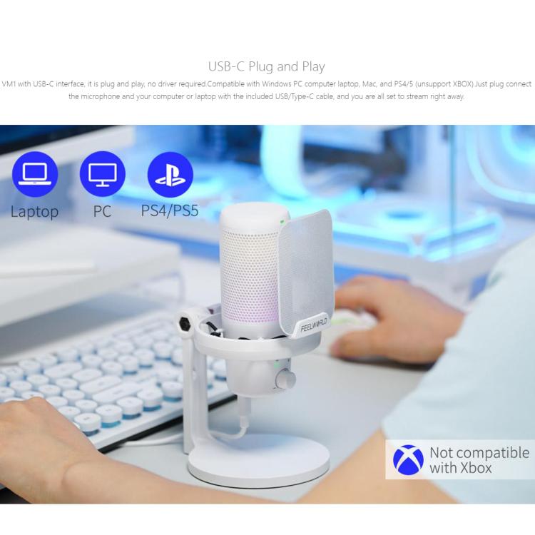 FEELWORLD VM1-XS USB Condenser Gaming Microphone for Streaming Noise Cancellation Mute RGB Light Desktop Stand