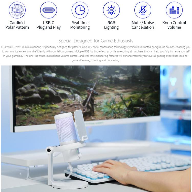 FEELWORLD VM1-XS USB Condenser Gaming Microphone for Streaming Noise Cancellation Mute RGB Light Desktop Stand