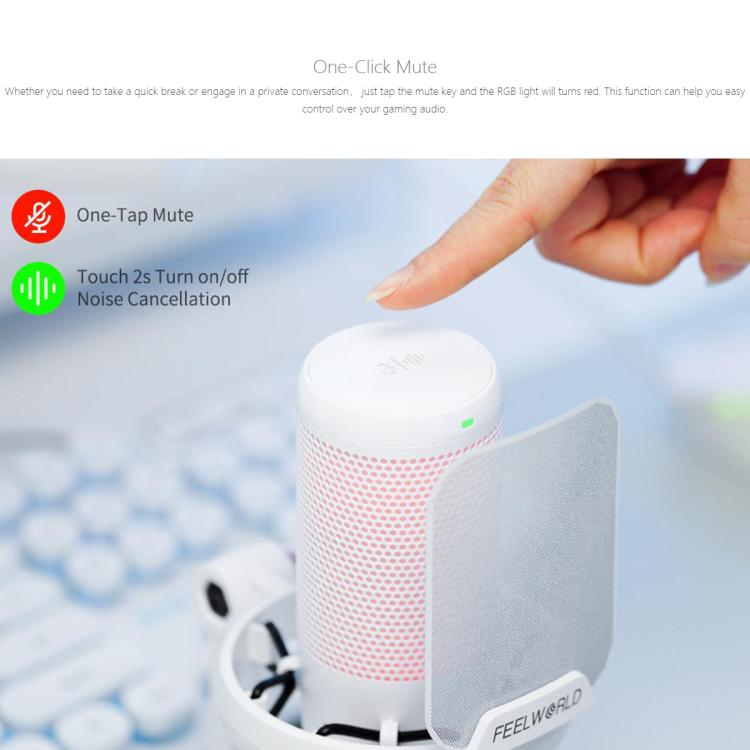 FEELWORLD VM1-XS USB Condenser Gaming Microphone for Streaming Noise Cancellation Mute RGB Light Desktop Stand