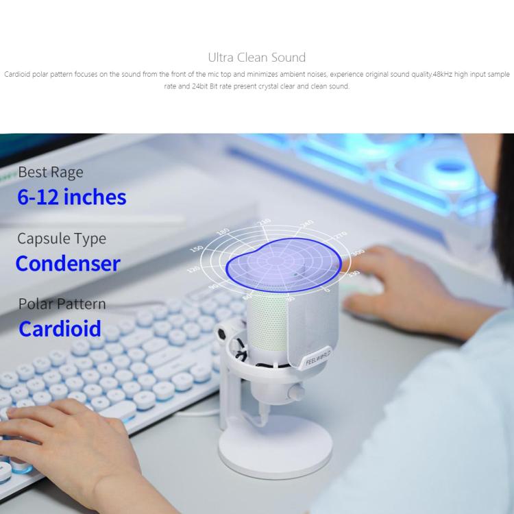 FEELWORLD VM1-XS USB Condenser Gaming Microphone for Streaming Noise Cancellation Mute RGB Light Desktop Stand