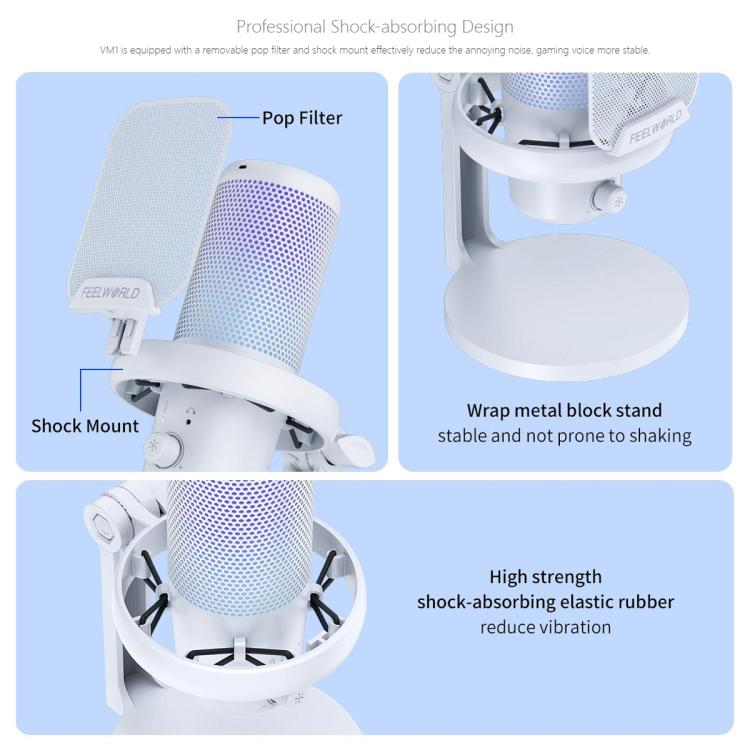 FEELWORLD VM1-XS USB Condenser Gaming Microphone for Streaming Noise Cancellation Mute RGB Light Desktop Stand