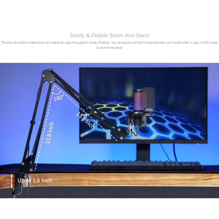 FEELWORLD VM1 USB Condenser Gaming Microphone for Streaming Noise Cancellation Mute RGB Light Boom Arm Stand
