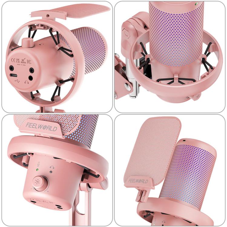FEELWORLD VM1 USB Condenser Gaming Microphone for Streaming Noise Cancellation Mute RGB Light Boom Arm Stand