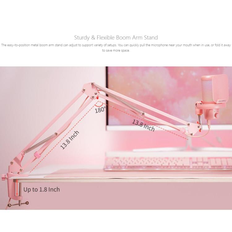 FEELWORLD VM1 USB Condenser Gaming Microphone for Streaming Noise Cancellation Mute RGB Light Boom Arm Stand