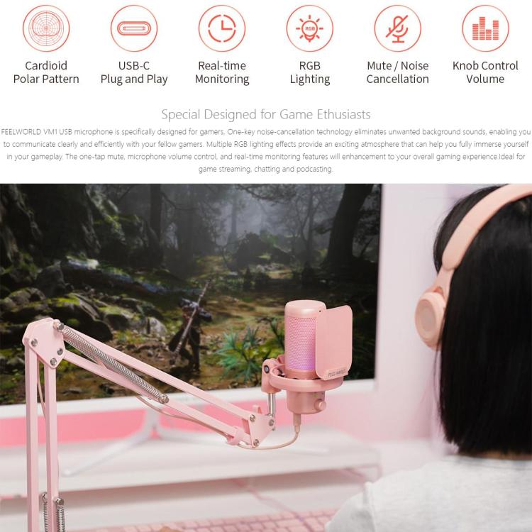 FEELWORLD VM1 USB Condenser Gaming Microphone for Streaming Noise Cancellation Mute RGB Light Boom Arm Stand