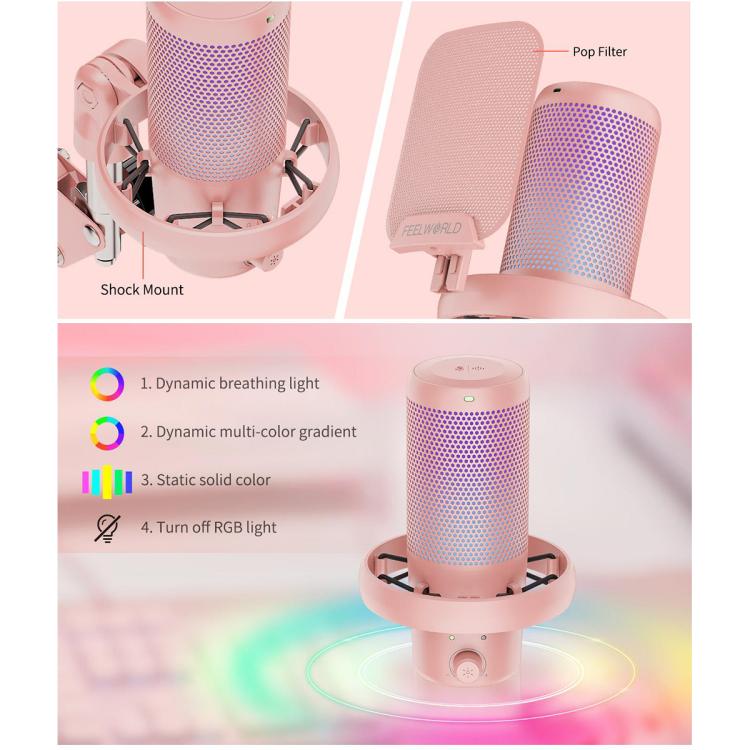 FEELWORLD VM1 USB Condenser Gaming Microphone for Streaming Noise Cancellation Mute RGB Light Boom Arm Stand