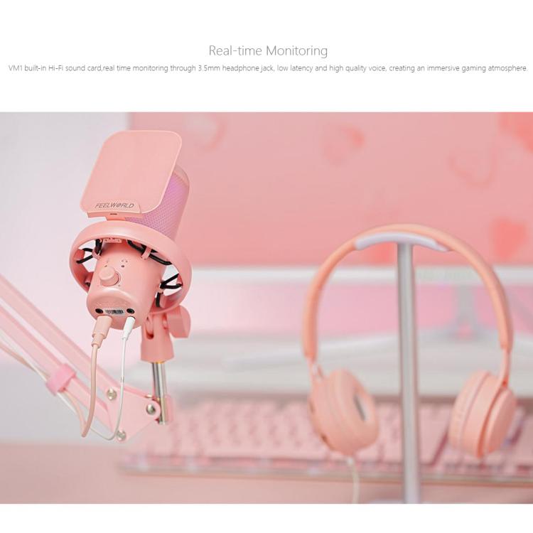 FEELWORLD VM1 USB Condenser Gaming Microphone for Streaming Noise Cancellation Mute RGB Light Boom Arm Stand