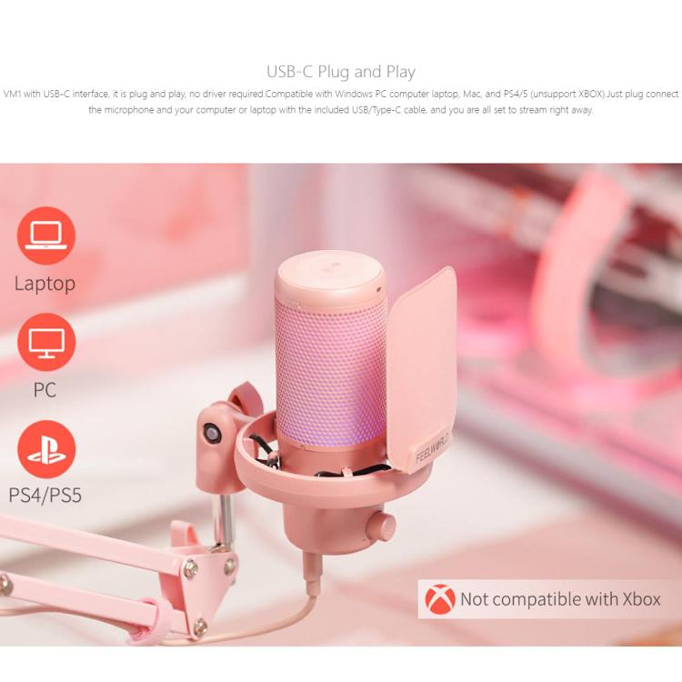 FEELWORLD VM1 USB Condenser Gaming Microphone for Streaming Noise Cancellation Mute RGB Light Boom Arm Stand
