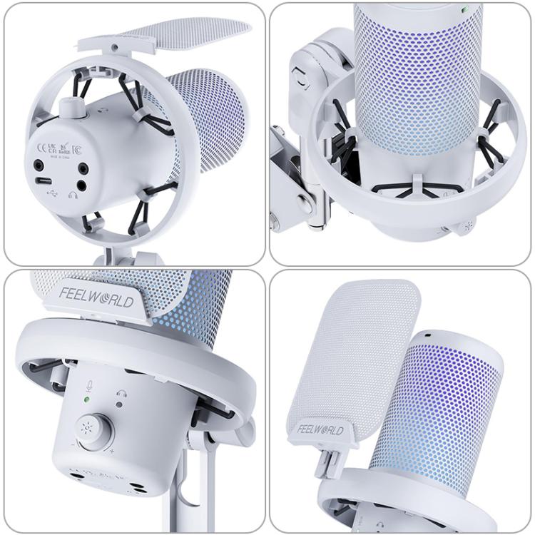 FEELWORLD VM1 USB Condenser Gaming Microphone for Streaming Noise Cancellation Mute RGB Light Boom Arm Stand