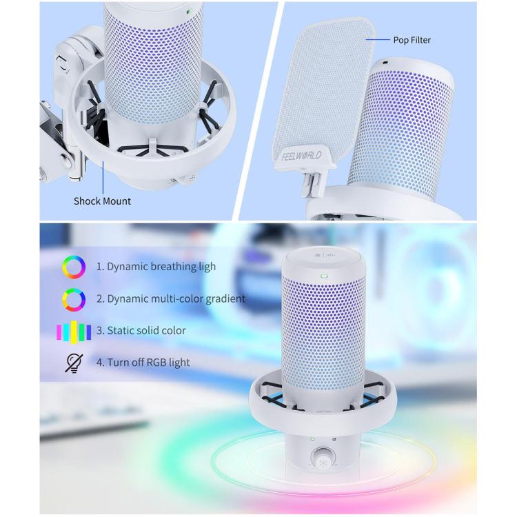 FEELWORLD VM1 USB Condenser Gaming Microphone for Streaming Noise Cancellation Mute RGB Light Boom Arm Stand
