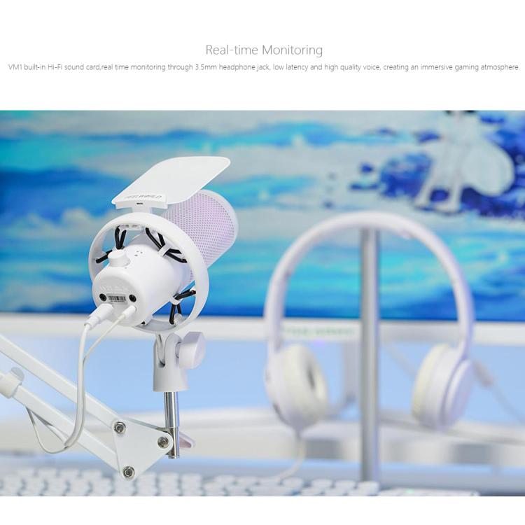 FEELWORLD VM1 USB Condenser Gaming Microphone for Streaming Noise Cancellation Mute RGB Light Boom Arm Stand
