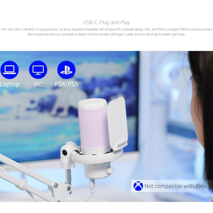FEELWORLD VM1 USB Condenser Gaming Microphone for Streaming Noise Cancellation Mute RGB Light Boom Arm Stand