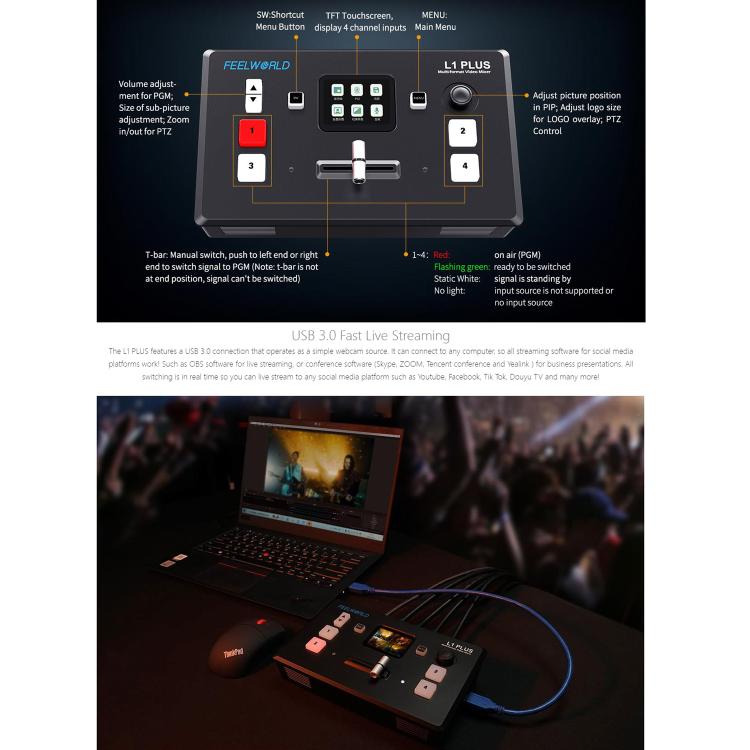 FEELWORLD L1 PLUS Multi-camera Video Mixer Switcher Touch Screen PTZ Control USB3.0 Fast Streaming Switcher