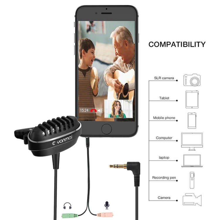 Yanmai R999 Recording Clip-on Lapel Mic Lavalier Omni-directional Dual Condenser Microphone, Compatible with PC/iPad/Android and other Smartphones, for Live Broadcast, Show, KTV, etc (Black)
