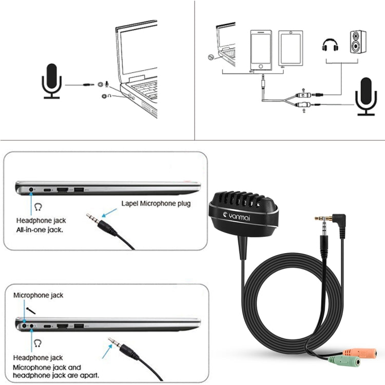 Yanmai R999 Recording Clip-on Lapel Mic Lavalier Omni-directional Dual Condenser Microphone, Compatible with PC/iPad/Android and other Smartphones, for Live Broadcast, Show, KTV, etc (Black)