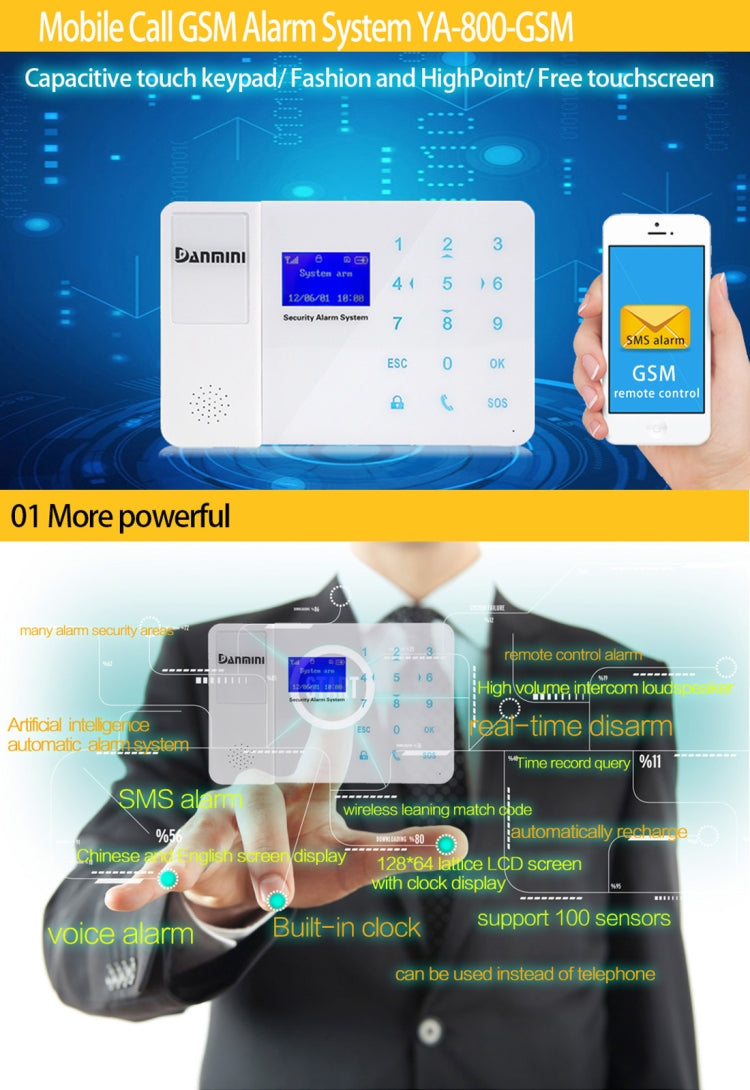 YA-800-GSM-23 24 in 1 Kit 315/433MHz Wireless GSM SMS Security Home House Burglar Alarm System with Touch LCD Screen