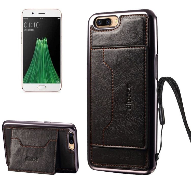 For OPPO  R11 Plus Electroplating TPU Crazy Horse Texture Protective Case with Holder & Card Slots & Lanyard