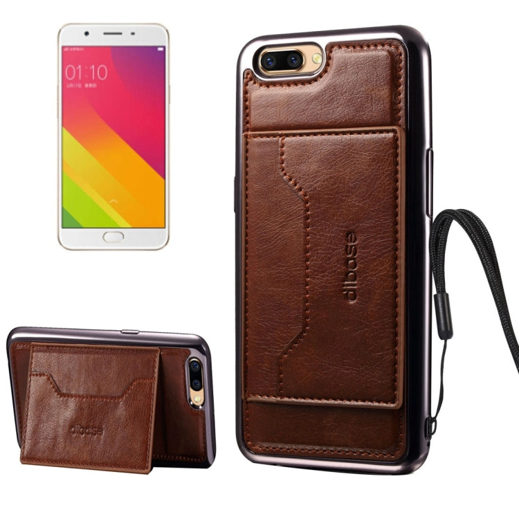 For OPPO  R11 Electroplating TPU Crazy Horse Texture Protective Case with Holder & Card Slots & Lanyard