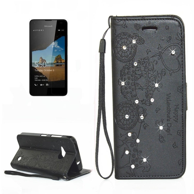 For Microsoft Lumia 550 Pressed Flower Butterfly Carriage Pattern Diamond Encrusted Horizontal Flip Leather Case with Holder & Card Slots & Wallet & Photo Frame & Lanyard